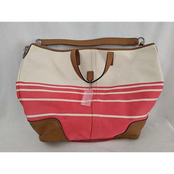 Coach Handbags - Coach Hadley Variegated Coral & Beige Striped Canvas Leather Tote Bag F30302